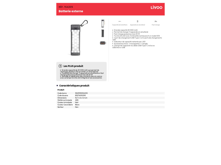 Batterie externe + torche 20000mah 3 appareils - TEA305