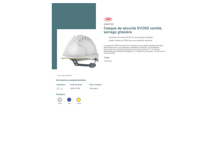 Casque de sécurité EVO®2 ventilé, serrage glissière - JSAJF03