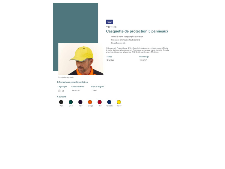 Casquette de protection coquille amovible norme EN812 - YTFC100