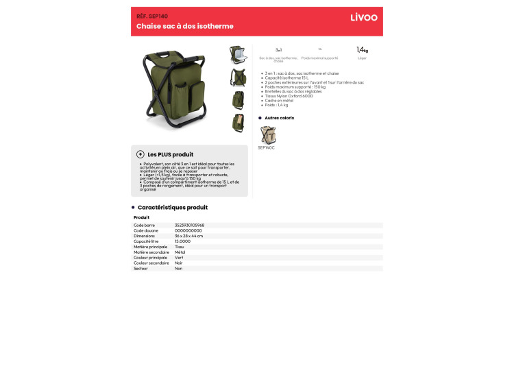 Chaise sac à dos isotherme 3L - SEP140