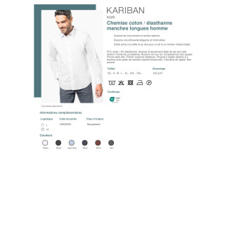 K529  Chemise coton  élasthanne manches longues homme