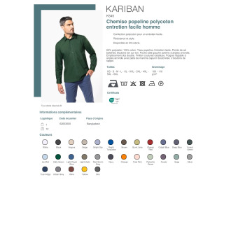 K545  Chemise popeline polycoton entretien facile homme