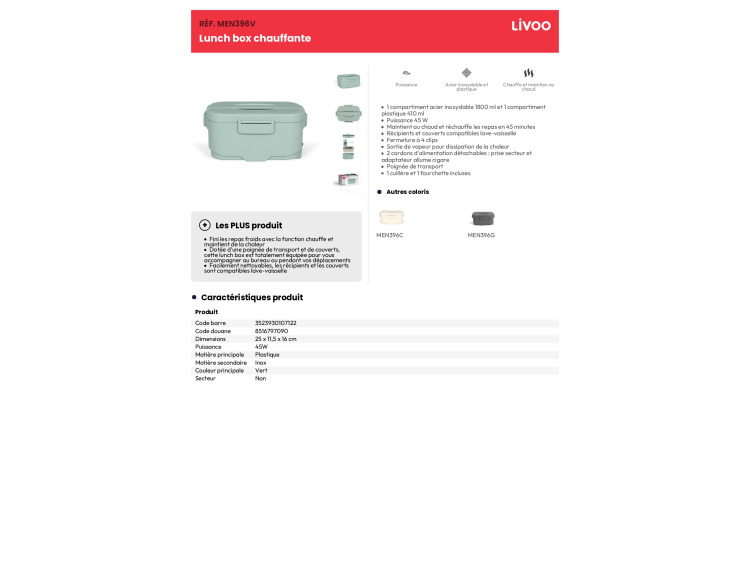 Lunch box chauffante prise ou allume cigare - MEN396