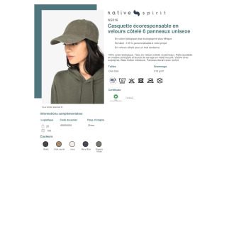 NS016  Casquette écoresponsable en velours côtelé 6 panneaux unisexe