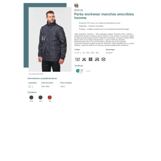 Parka workwear manches amovibles homme  WK6106