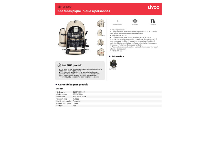 Sac à dos pique nique 4 personnes - SE970