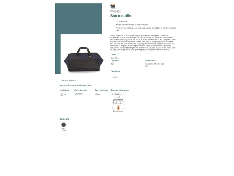 Sac à outils fond caoutchouc - WKI0432