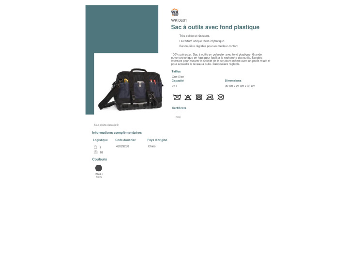 Sac à outils fond plastique - WKI0601