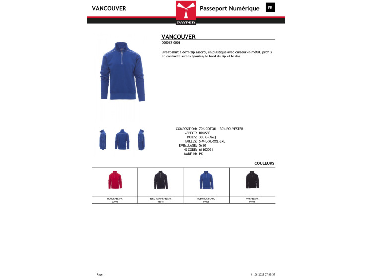 Sweat-shirt demi zip éclair métal - VANCOUVER