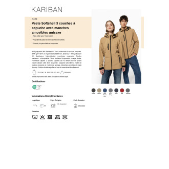 TTK422  Veste Softshell 3 couches à capuche avec manches amovibles unisexe