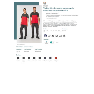 TTWK304  Tshirt bicolore écoresponsable manches courtes unisexe