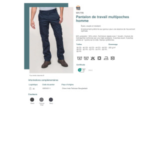 TTWK795  Pantalon de travail multipoches homme