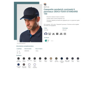 TTWKP145  Casquette sandwich contrasté 6 panneaux OEKOTEX® STANDARD 100