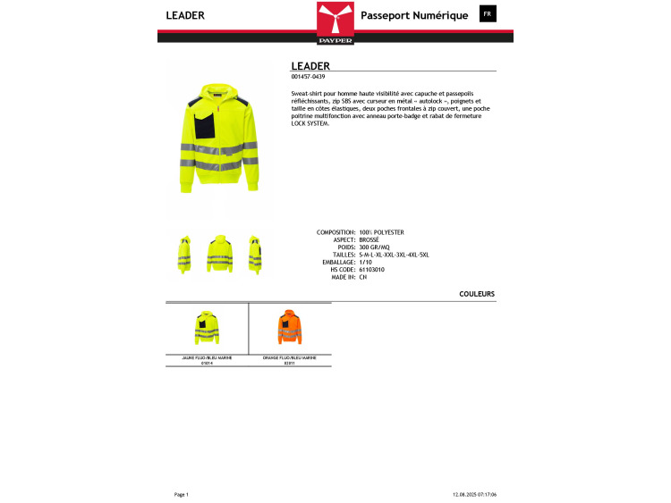 Veste sweat capuche réfléchissant - LEADER