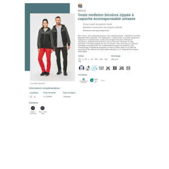 WK410  Veste molleton bicolore zippée à capuche écoresponsable unisexe