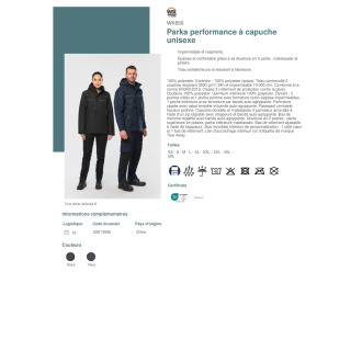 WK650  Parka performance à capuche unisexe